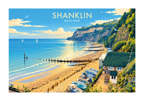 Shanklin Isle of Wight art print featuring a colourful vintage travel poster illustration of the beach, coastline and surrounding cliffs.